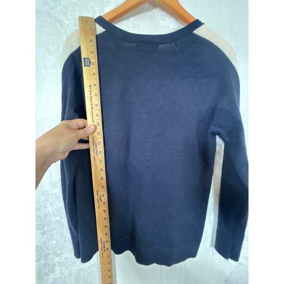Banana Republic Sweater Medium Navy Blue Extra Fine Merino Wool Cream Rib Stripe - Picture 7 of 7